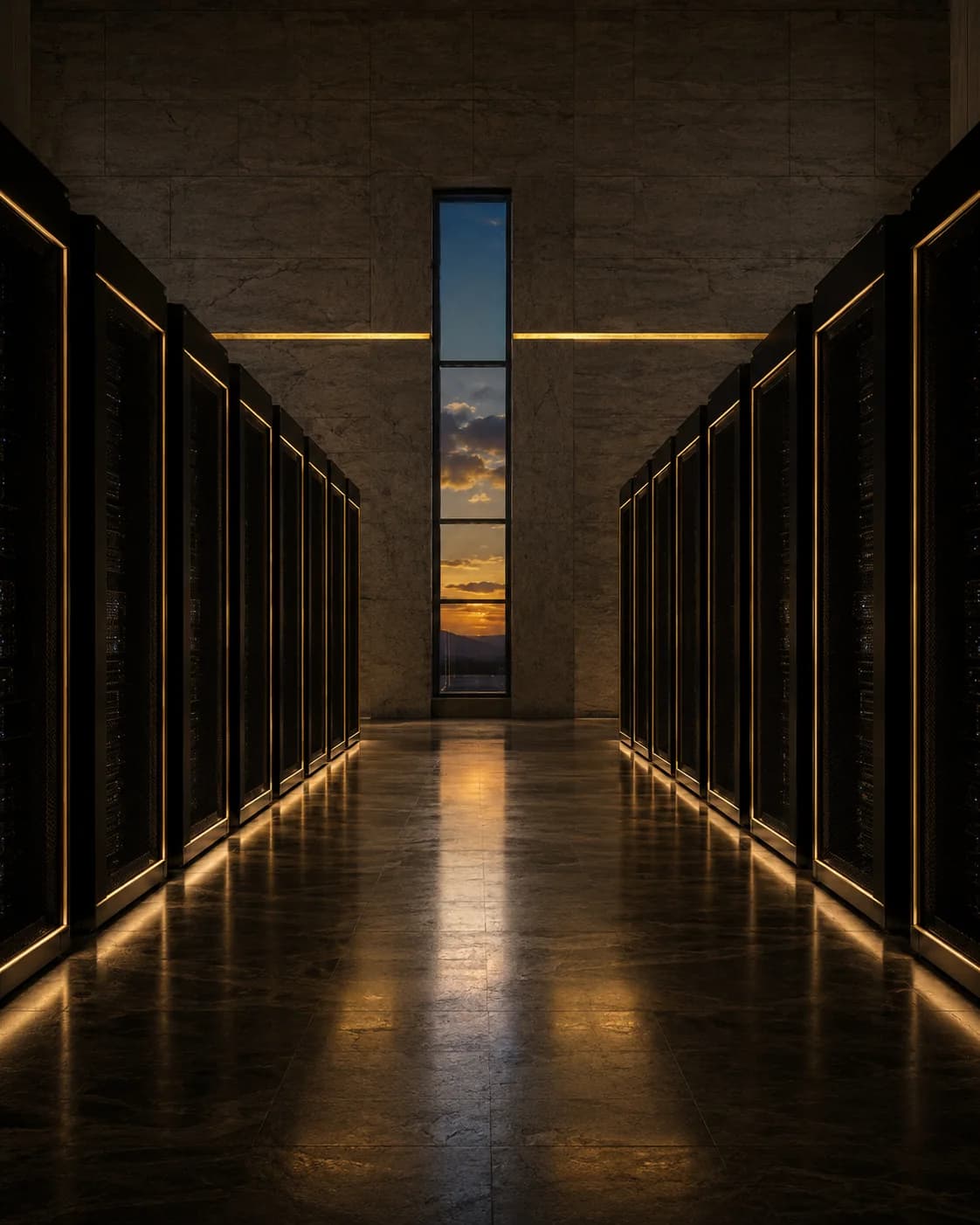 Una sala de máquinas soberana al atardecer, filas de gabinetes de cómputo en obsidiana profunda con bordes dorados conducen a una ventana alta, el suelo donde una institución ejecuta su propia inteligencia.