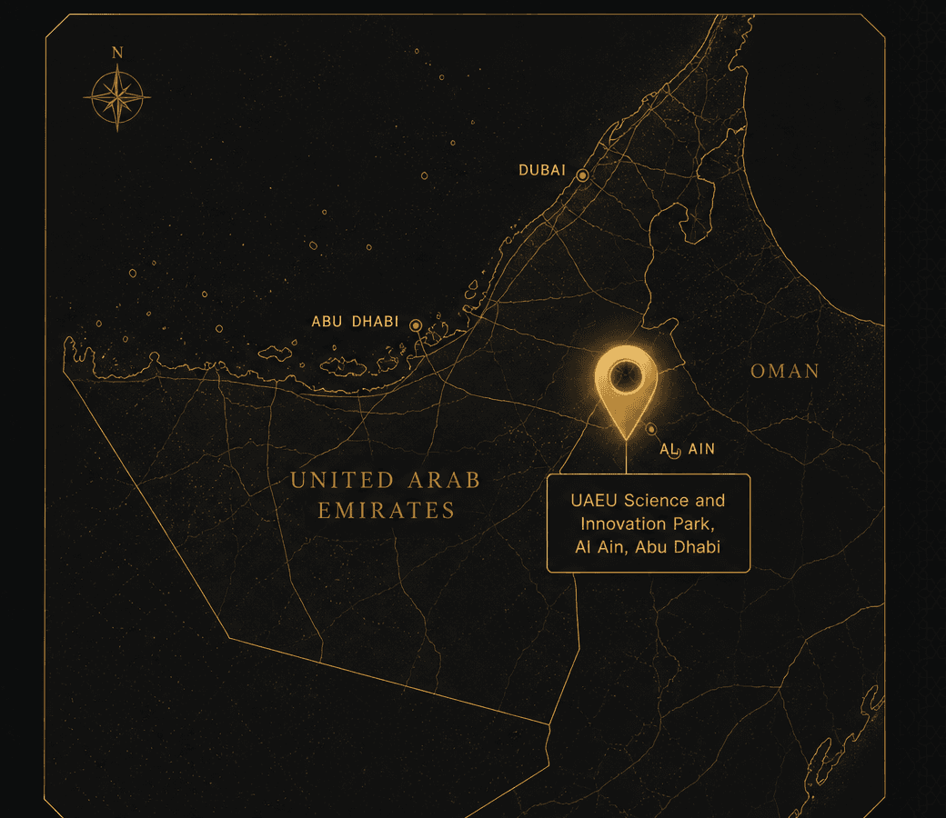 Karte der Golfregion mit Kennzeichnung des Amanah-Hauptsitzes im UAEU Science and Innovation Park in Al Ain, Abu Dhabi, wobei auch Dubai und Abu Dhabi eingezeichnet sind.
