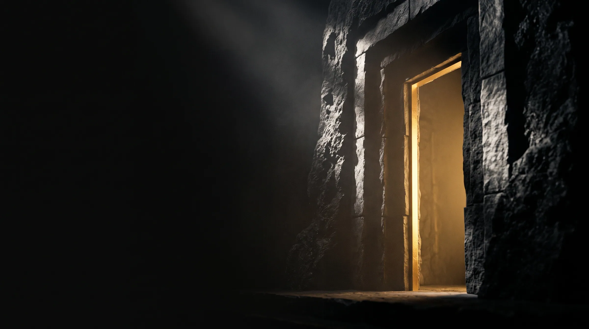 A monumental gold-engraved doorway opening onto a long, warmly lit corridor, an obsidian threshold into a sovereign hall.