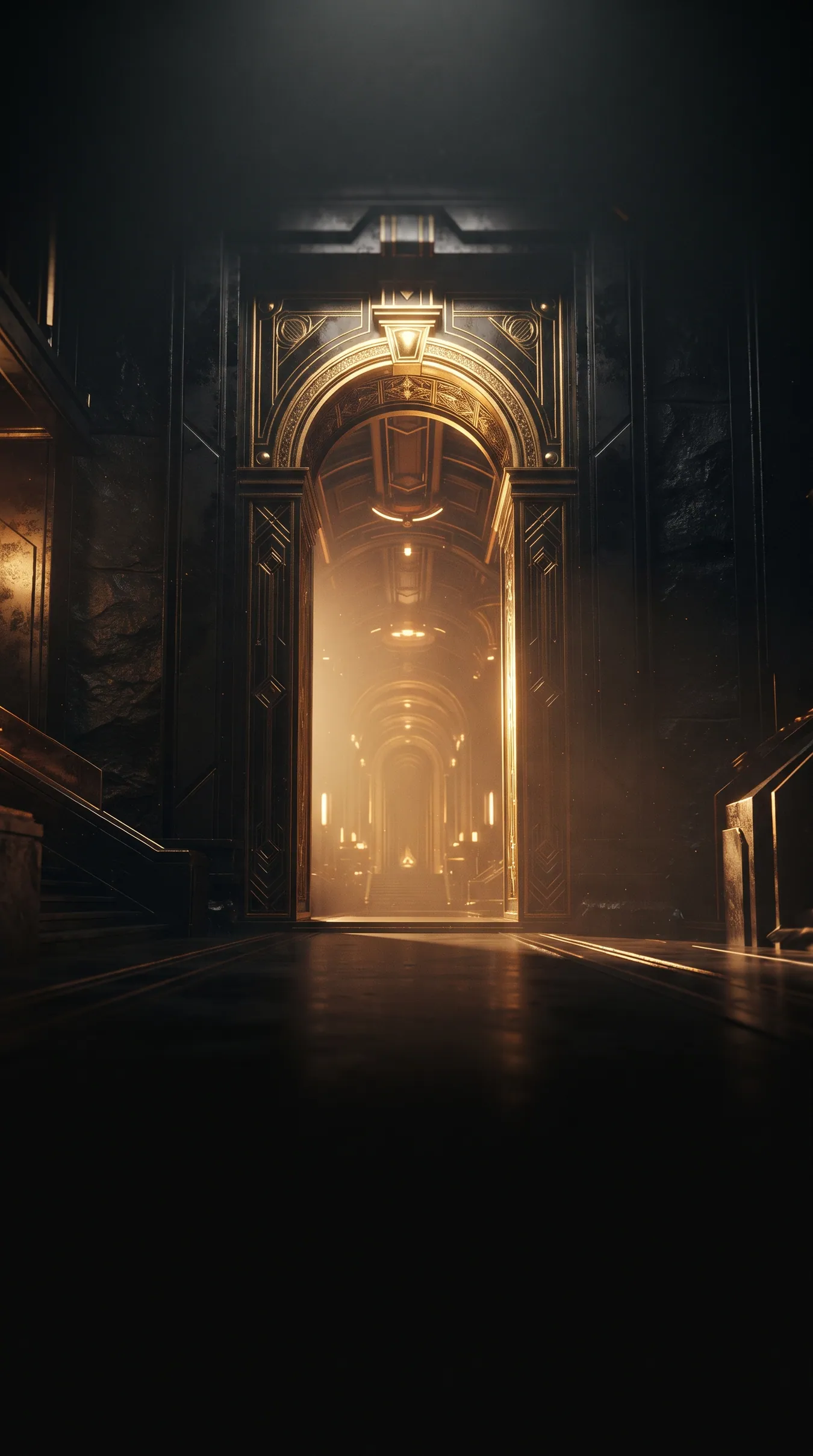 A monumental gold-engraved doorway opening onto a long, warmly lit corridor, an obsidian threshold into a sovereign hall.
