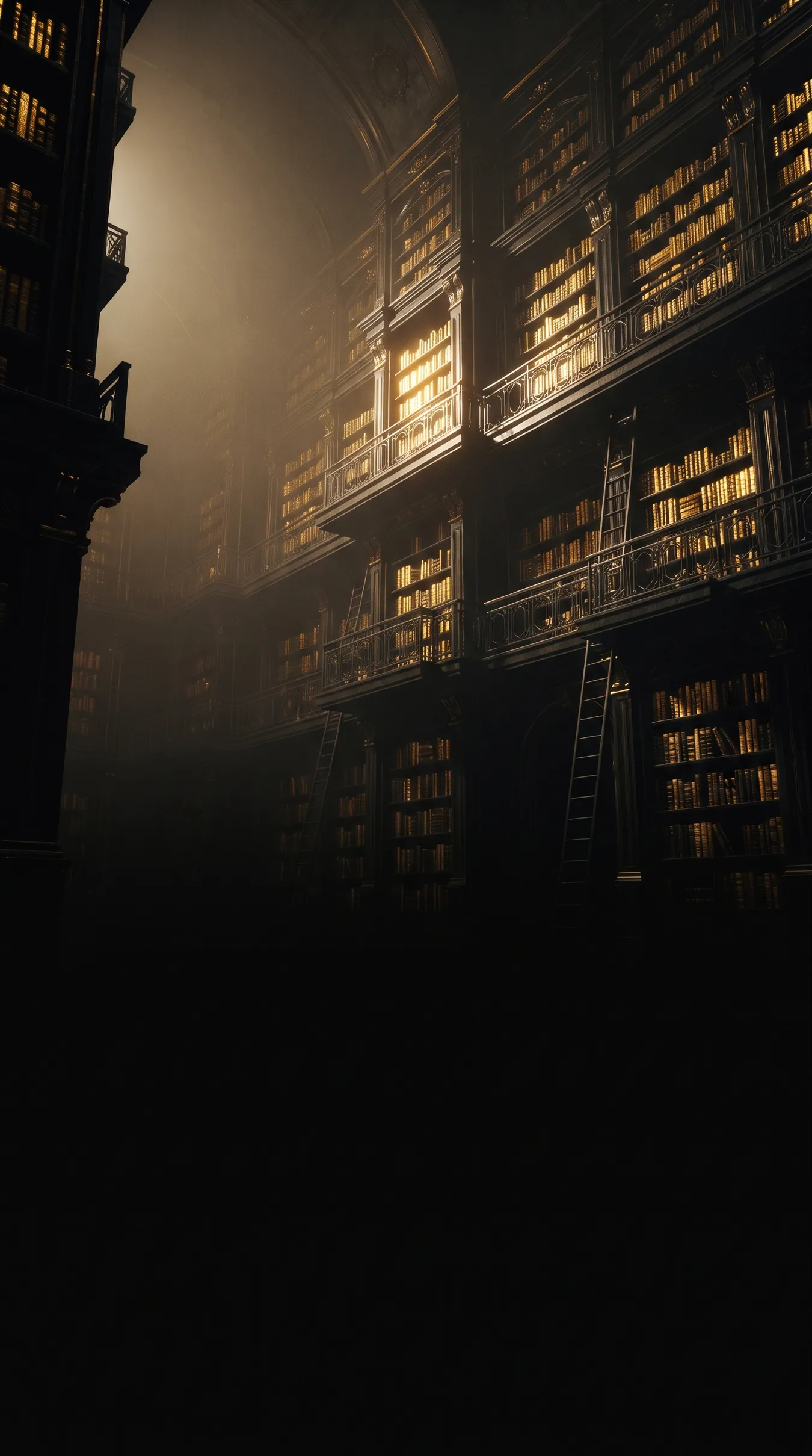 Una biblioteca imponente de múltiples niveles al atardecer, lomos de libros iluminados en dorado ascendiendo a través de balcones y escaleras de hierro forjado bajo un arco abovedado, sombra profunda en el primer plano.