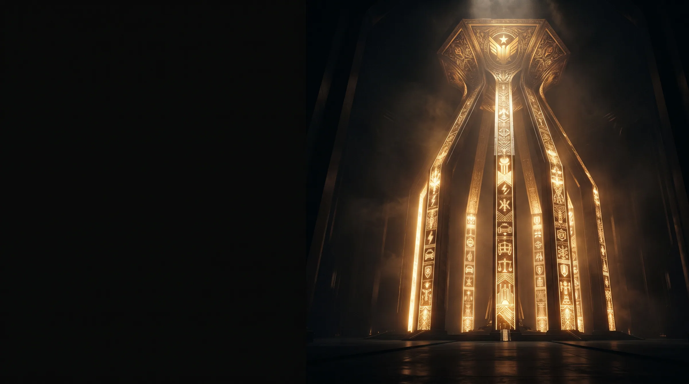 A sovereign operations hall at dusk, warm gold light across critical-sector control rooms beneath an engraved gold apex.