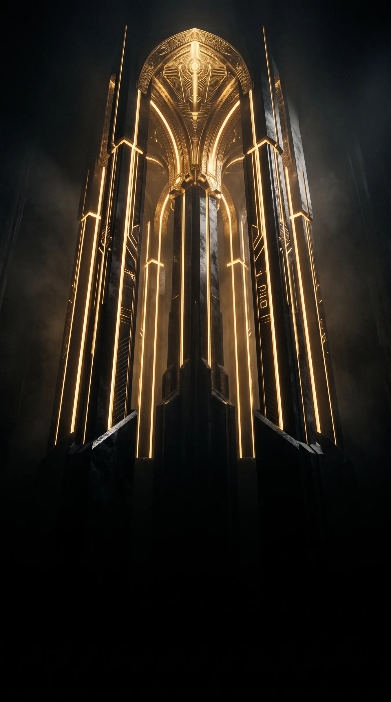 A sovereign operations hall at dusk, warm gold light across critical-sector control rooms beneath an engraved gold apex.